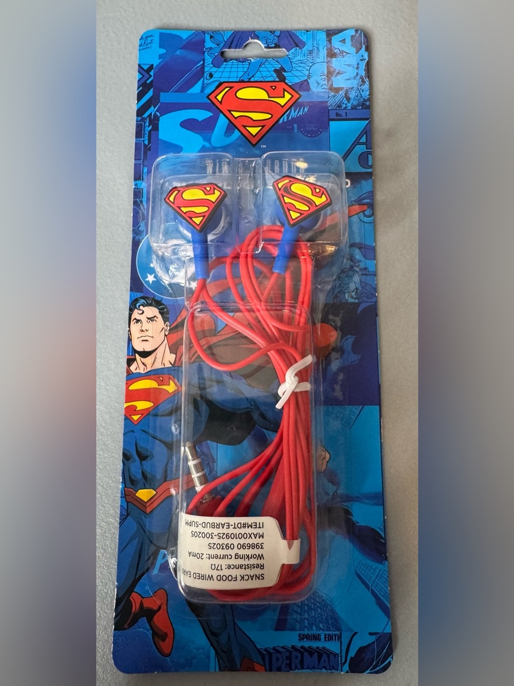 DC Comics Superman Red and Blue Wired Earbuds with Shield Logo plug in